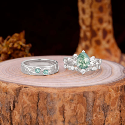 Luxury Retro 3-Prong Moss Agate Promise Rings for Couples