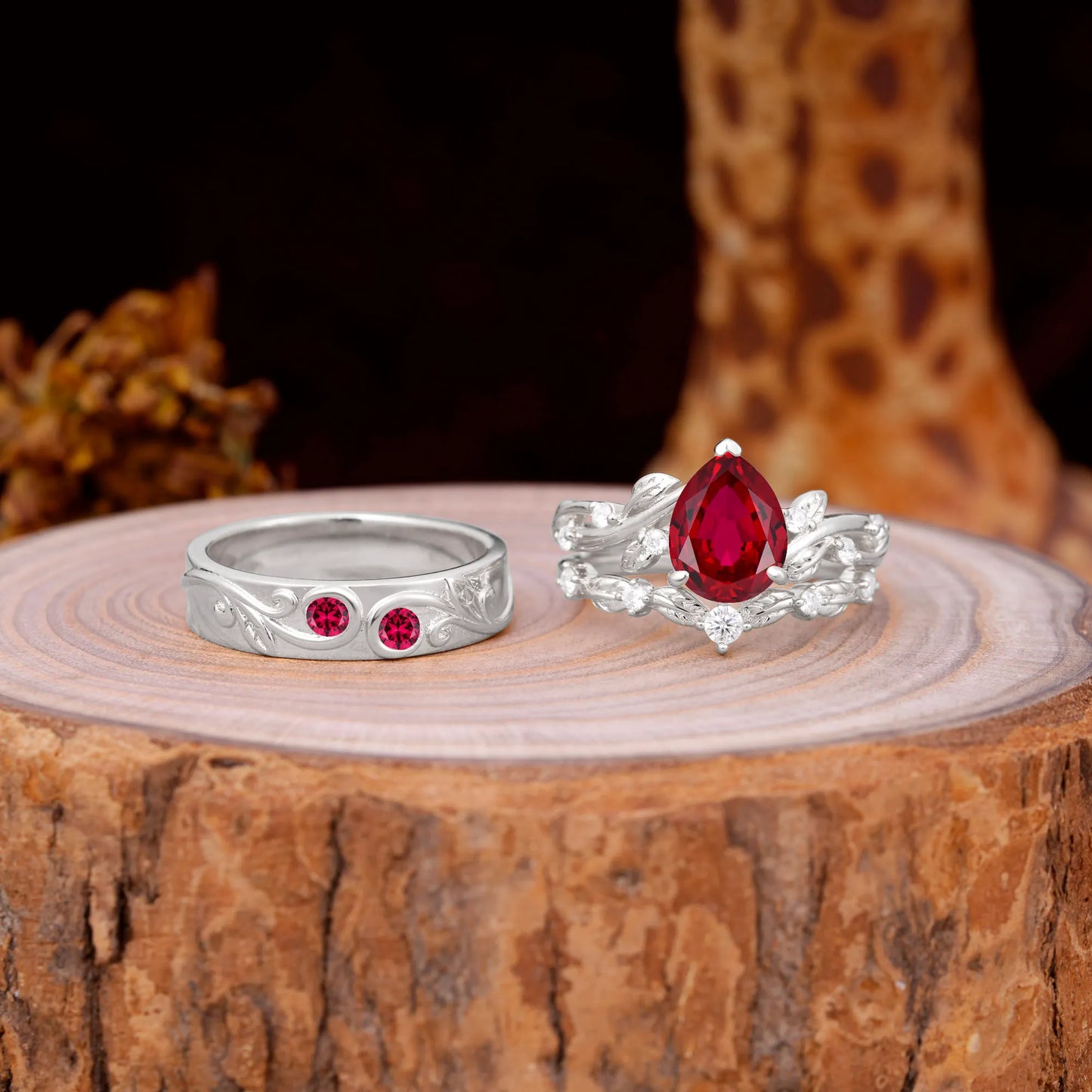 Luxury Retro 3-Prong Ruby Promise Rings for Couples