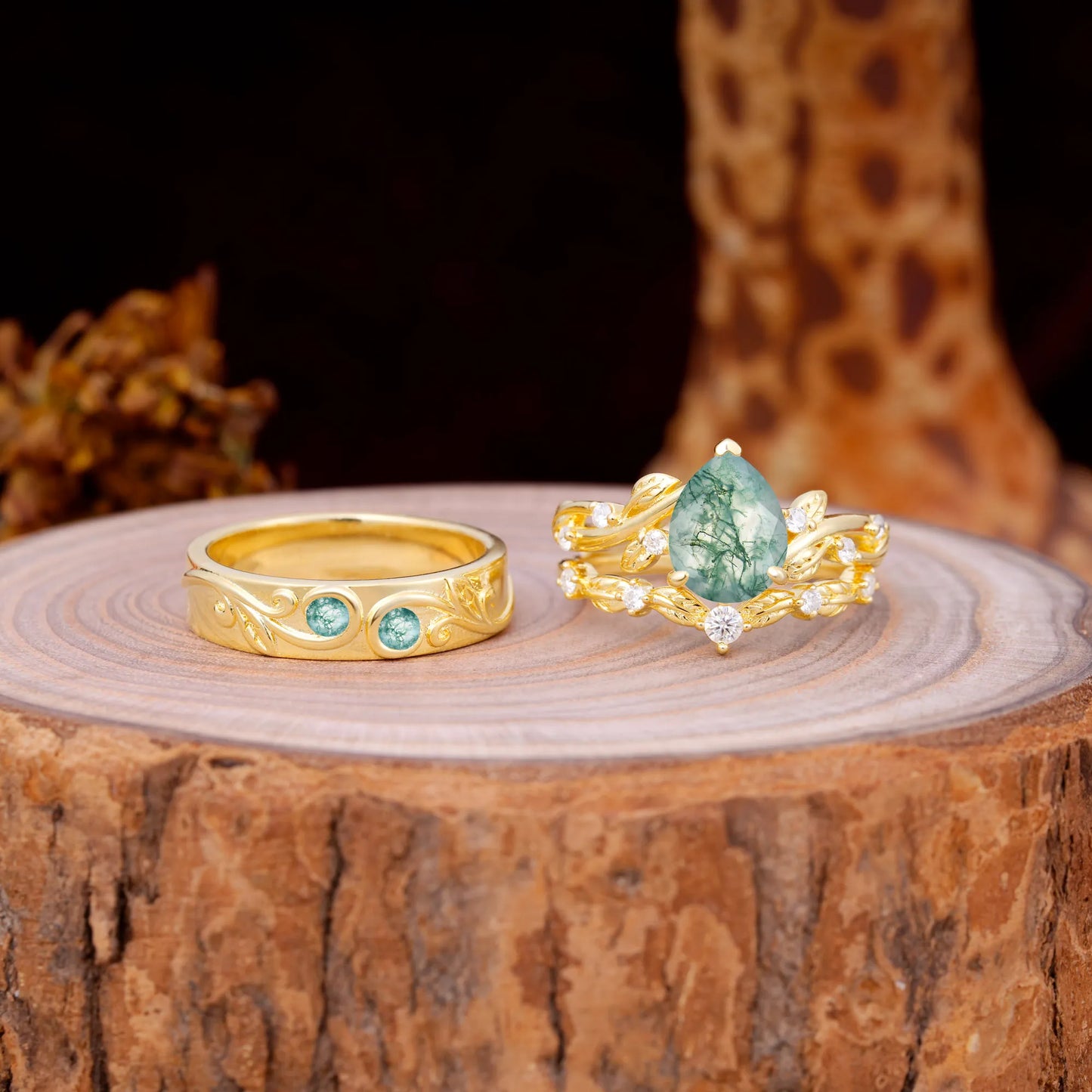 Luxury Retro 3-Prong Moss Agate Promise Rings for Couples