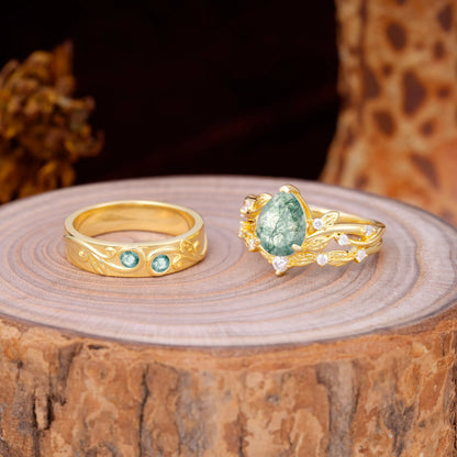 Luxury Retro 3-Prong Moss Agate Promise Rings for Couples