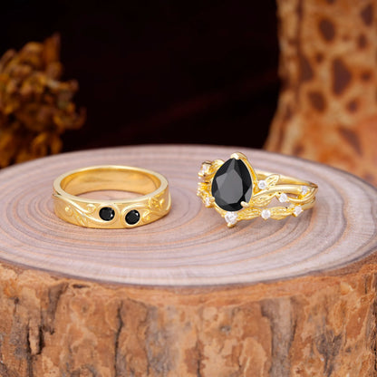 Luxury Retro 3-Prong Black Onyx Promise Rings for Couples