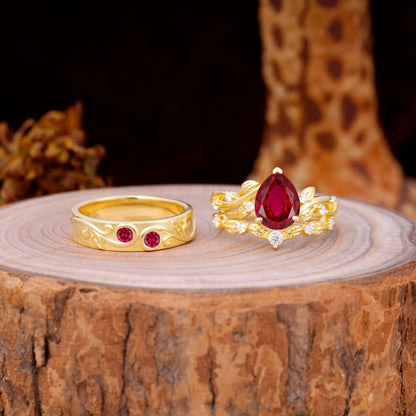 Luxury Retro 3-Prong Ruby Promise Rings for Couples