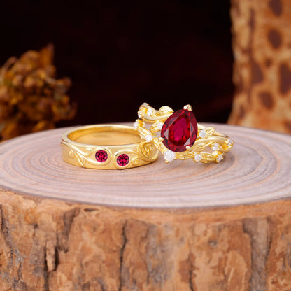 Luxury Retro 3-Prong Ruby Promise Rings for Couples
