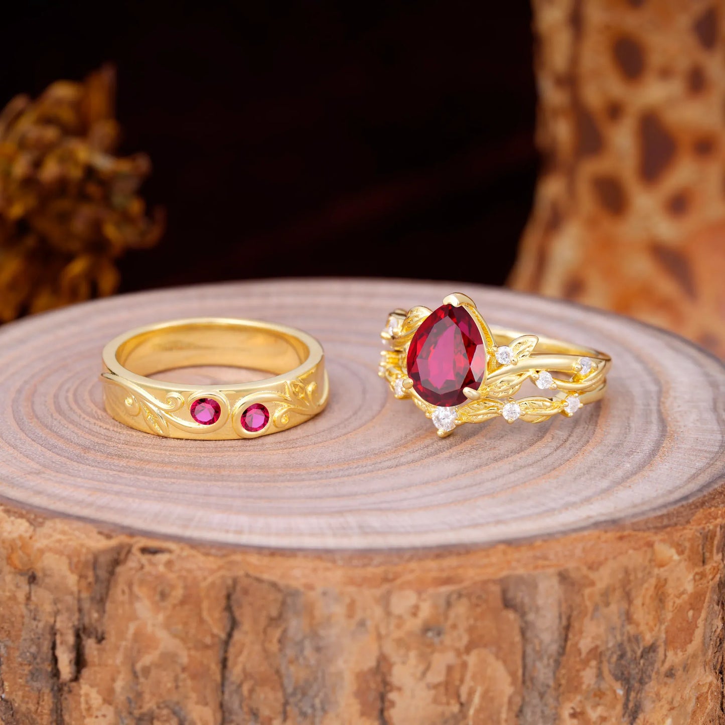 Luxury Retro 3-Prong Ruby Promise Rings for Couples