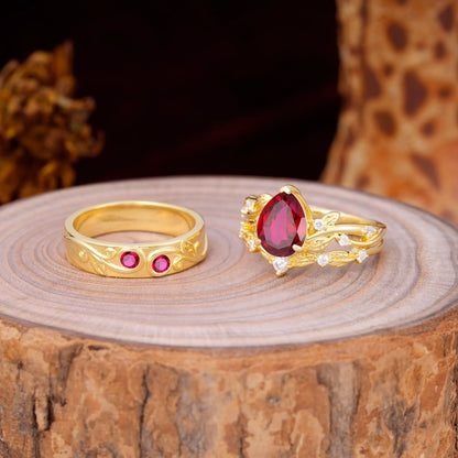 Luxury Retro 3-Prong Ruby Promise Rings for Couples