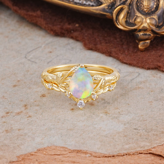 3 Prong Delicate Twisted Vine Wrapped Prong Pear Cut Opal Bridal Ring Set