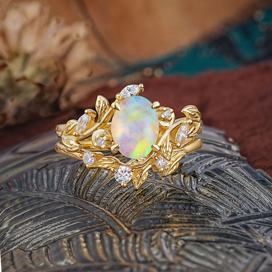 1.15 CT Delicate Leaf Accented 4 Prong Oval Shaped Opal Bridal Ring Set