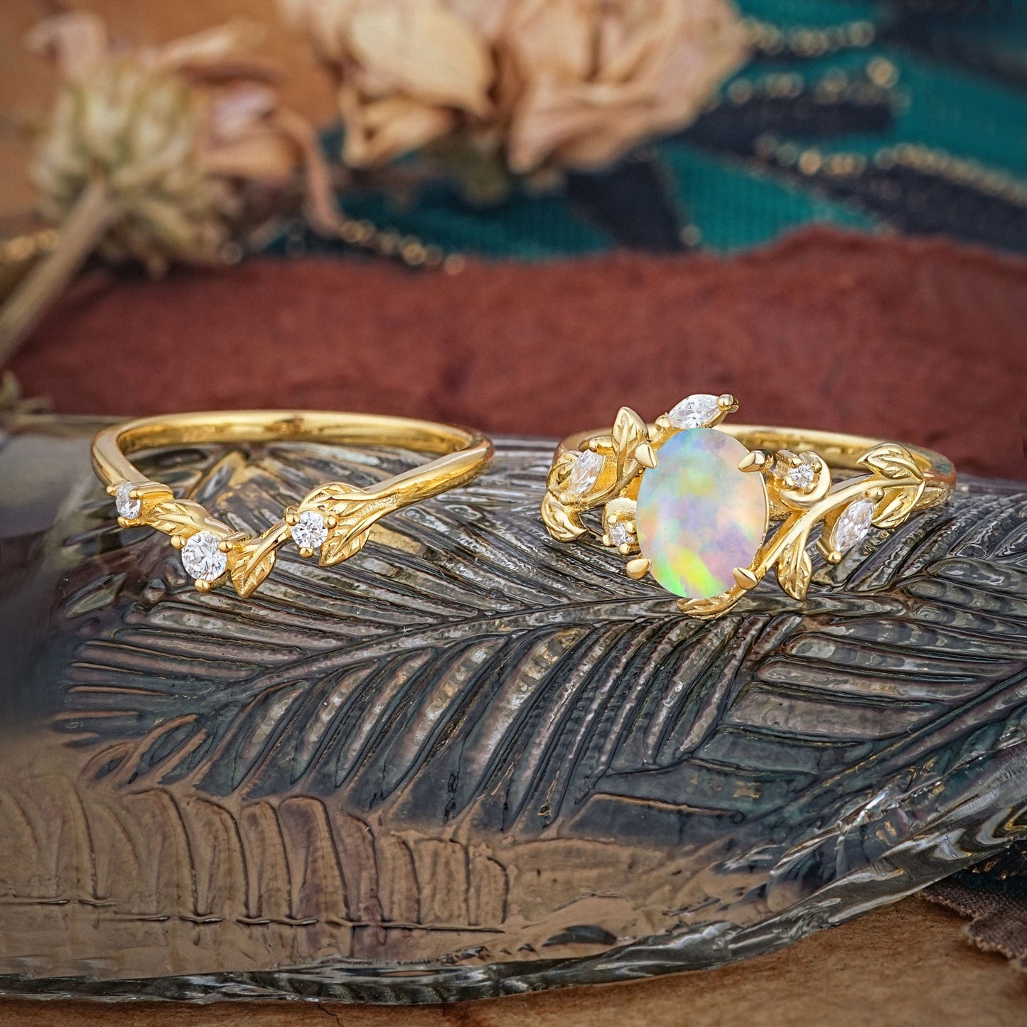 1.15 CT Delicate Leaf Accented 4 Prong Oval Shaped Opal Bridal Ring Set