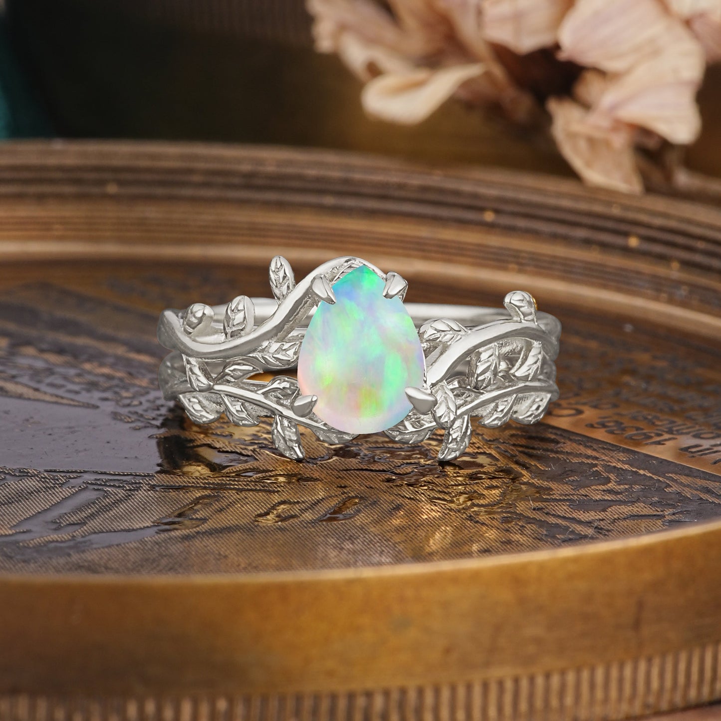 Artistic Vine  Themed 4 - Prong Pear Cut Opal Bridal Ring Set