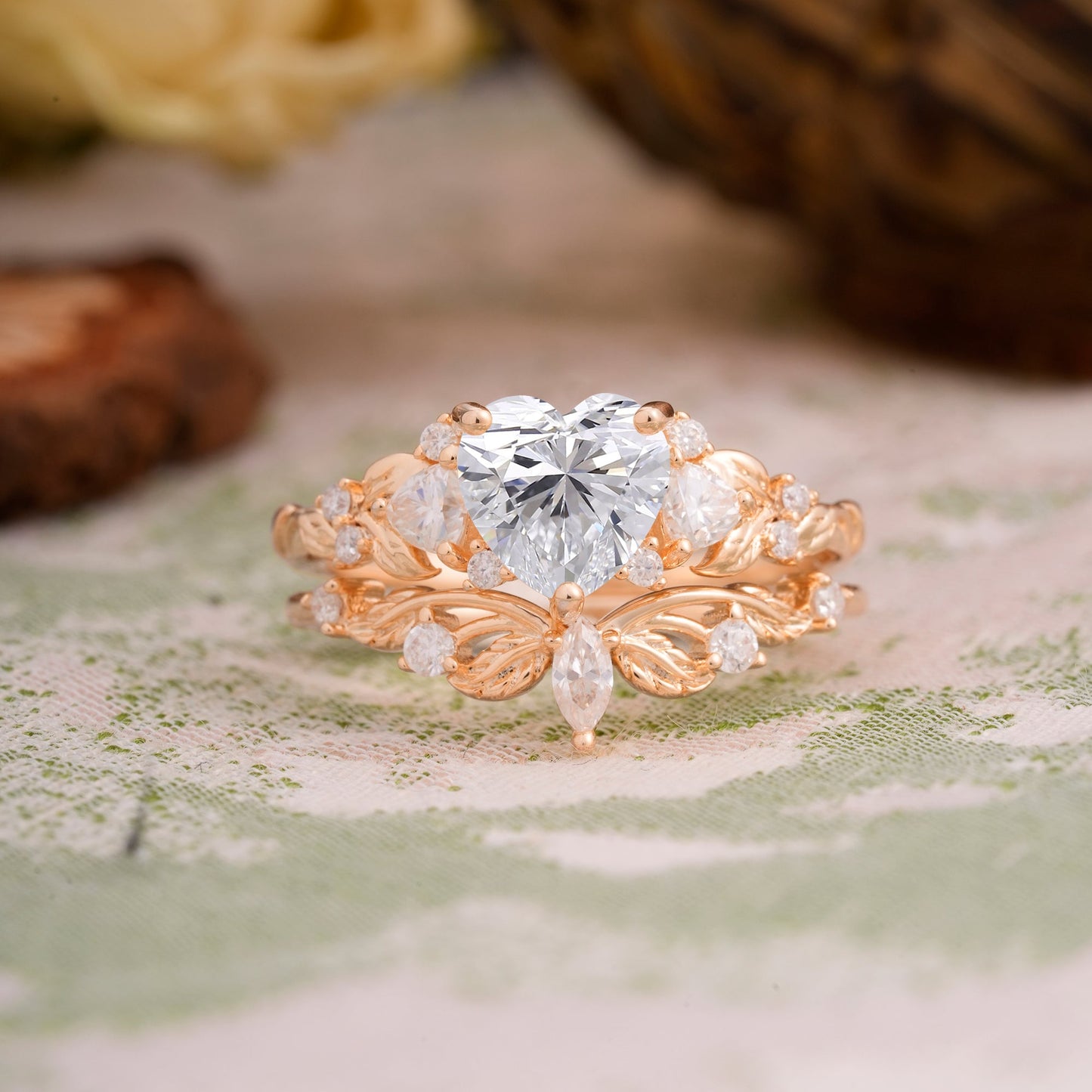 Nature - Inspired 3 - Prong Heart - Cut Lab Diamond Bridal Ring Set