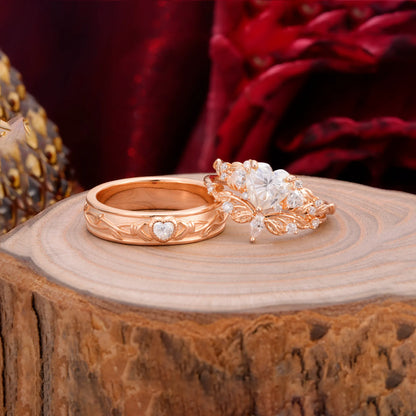 Vintage Floral Vine Heart Cut Moissanite Couple Wedding Ring Set