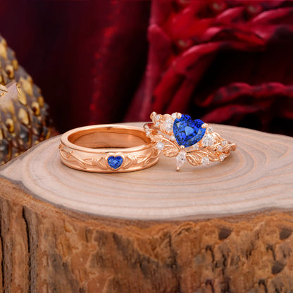 Vintage Floral Vine Heart Cut Sapphire Couple Wedding Ring Set