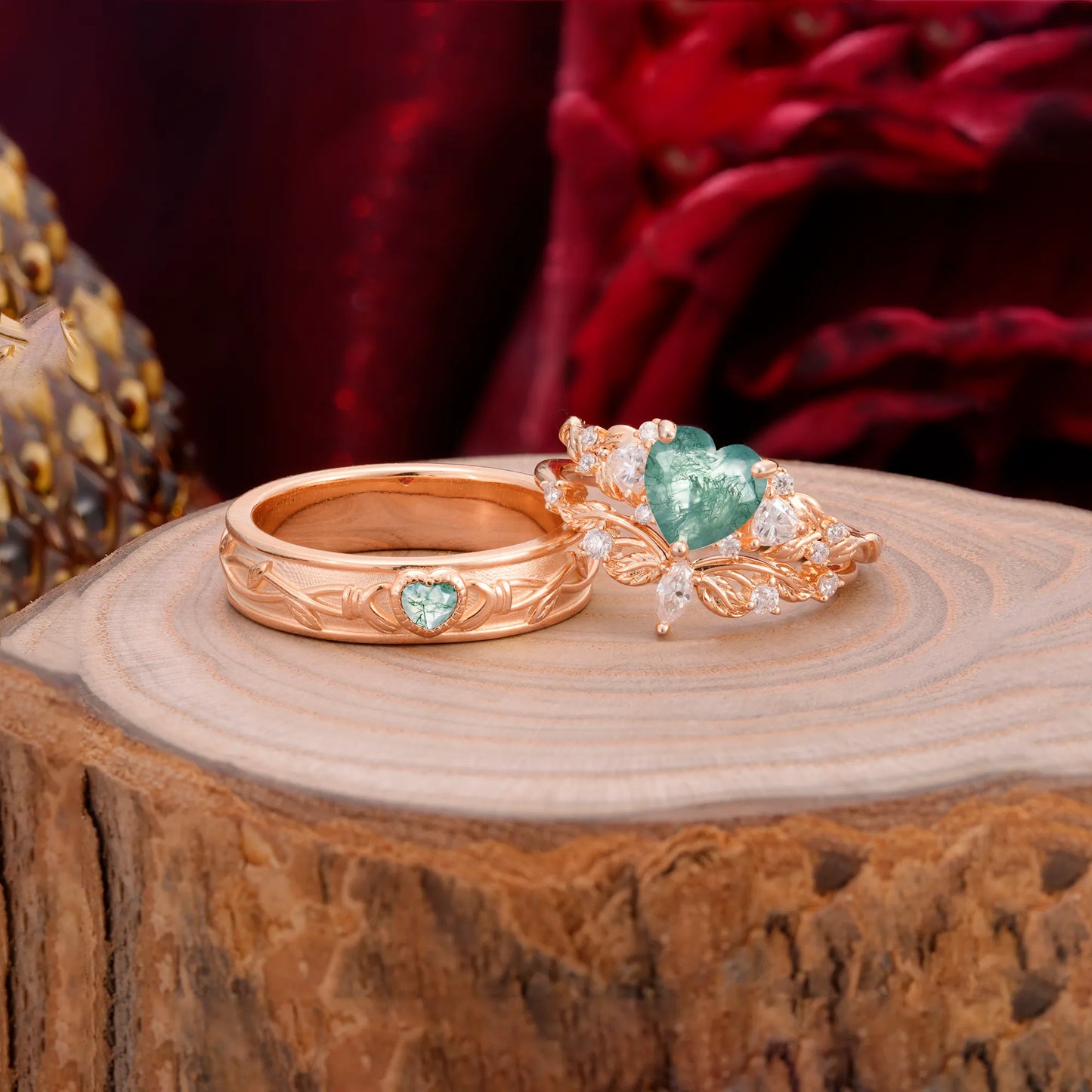 Vintage Floral Vine Heart Cut Moss Agate Couple Wedding Ring Set