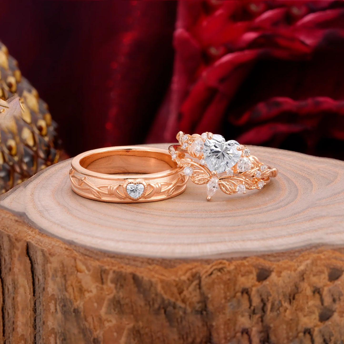 Vintage Floral Vine Heart Cut Lab Diamond Couple Wedding Ring Set