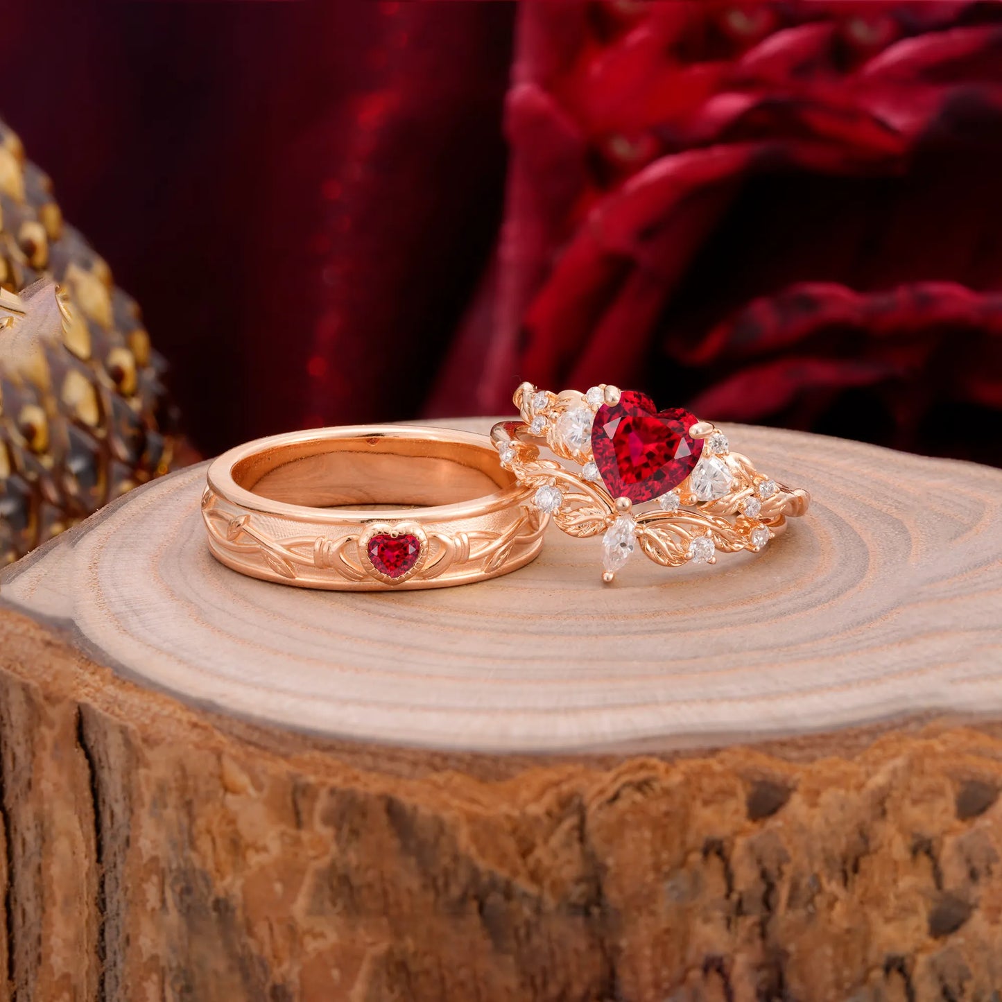 Vintage Floral Vine Heart Cut Ruby Couple Wedding Ring Set