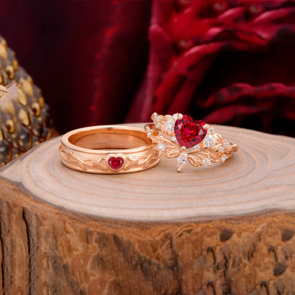 Vintage Floral Vine Heart Cut Ruby Couple Wedding Ring Set