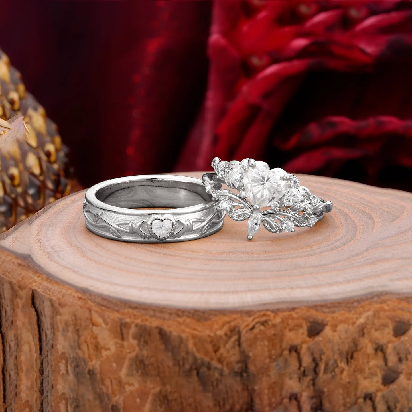 Vintage Floral Vine Heart Cut Moissanite Couple Wedding Ring Set