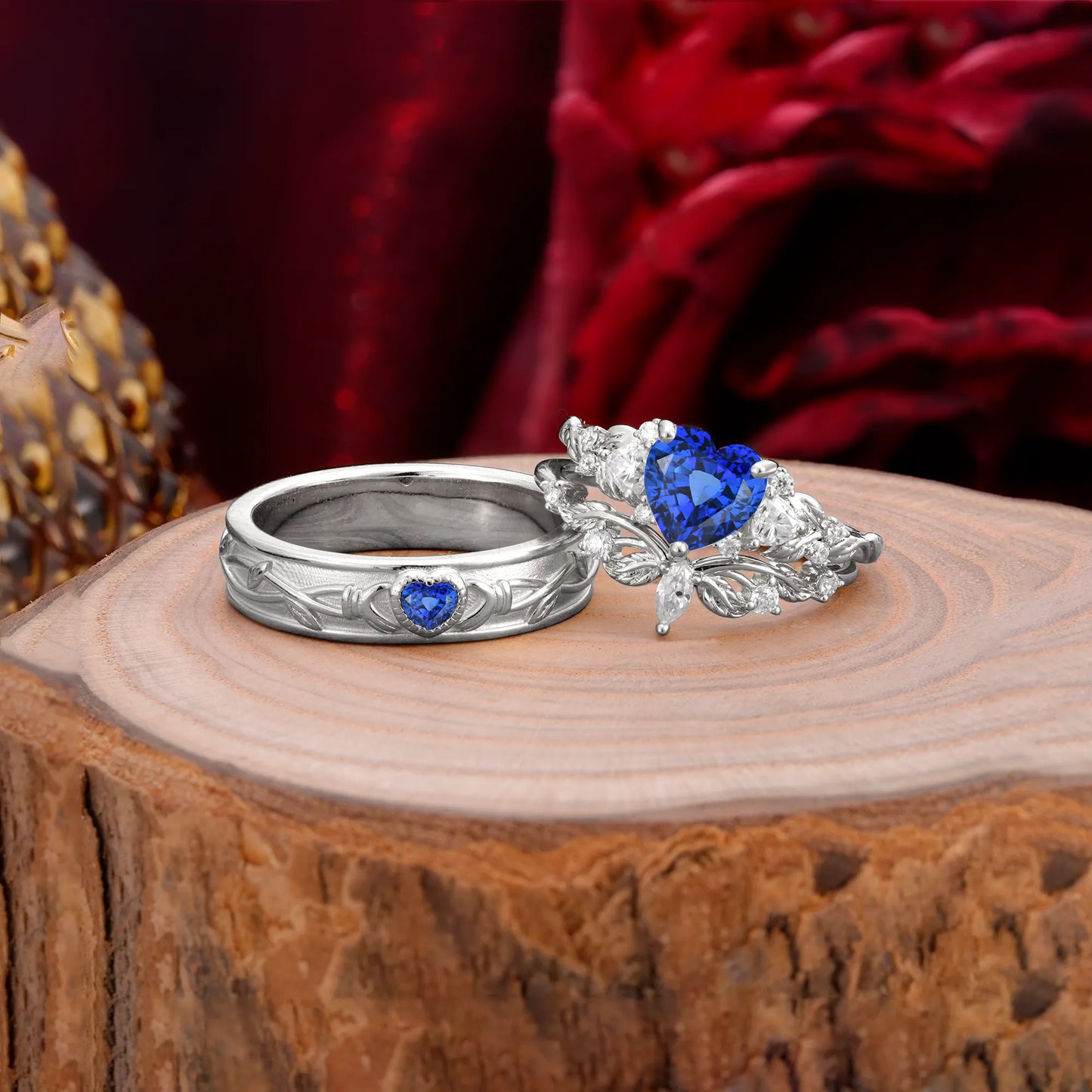 Vintage Floral Vine Heart Cut Sapphire Couple Wedding Ring Set