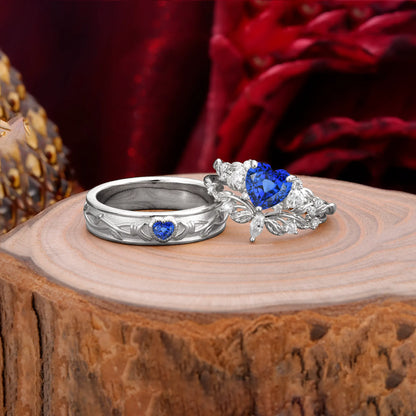 Vintage Floral Vine Heart Cut Sapphire Couple Wedding Ring Set