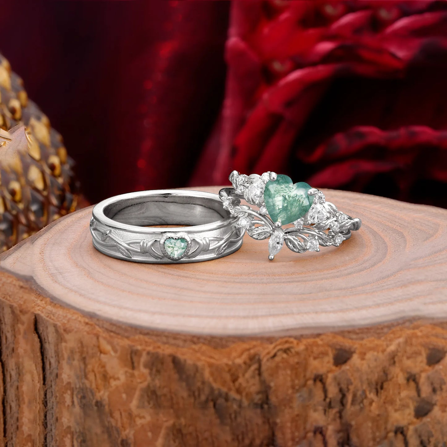 Vintage Floral Vine Heart Cut Moss Agate Couple Wedding Ring Set