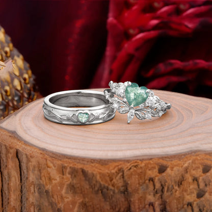 Vintage Floral Vine Heart Cut Moss Agate Couple Wedding Ring Set