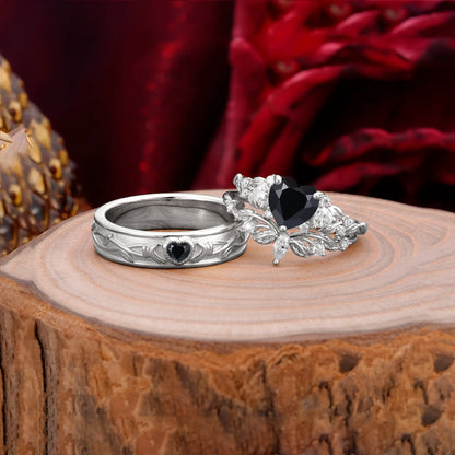 Vintage Floral Vine Heart Cut Black Onyx Couple Wedding Ring Set