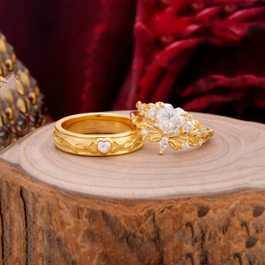 Vintage Floral Vine Heart Cut Moissanite Couple Wedding Ring Set