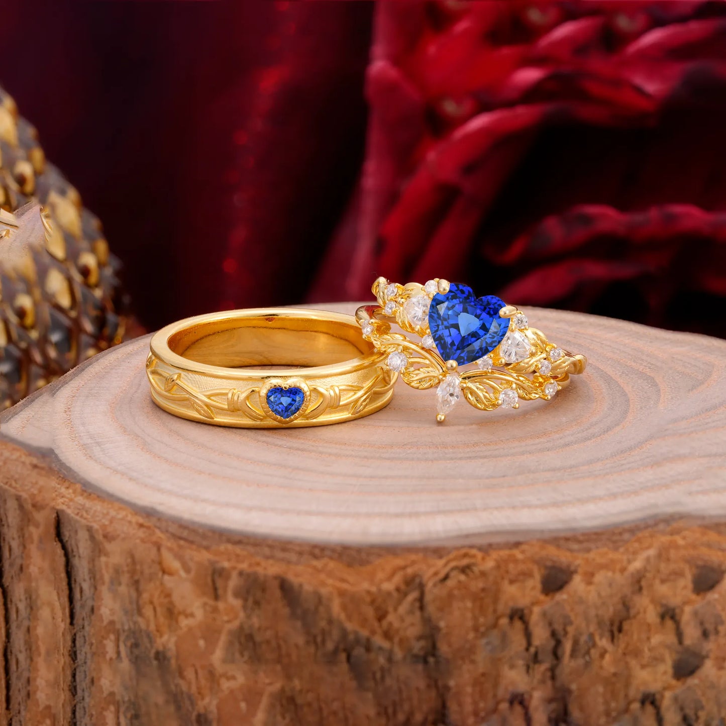 Vintage Floral Vine Heart Cut Sapphire Couple Wedding Ring Set
