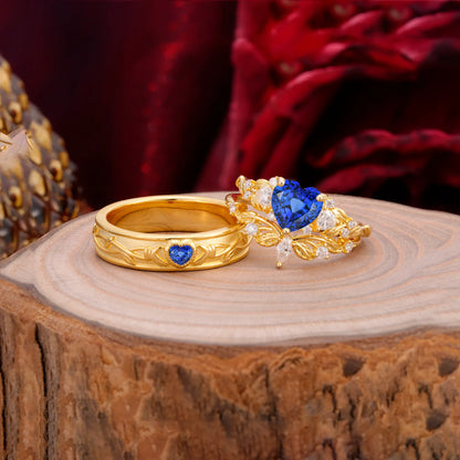 Vintage Floral Vine Heart Cut Sapphire Couple Wedding Ring Set