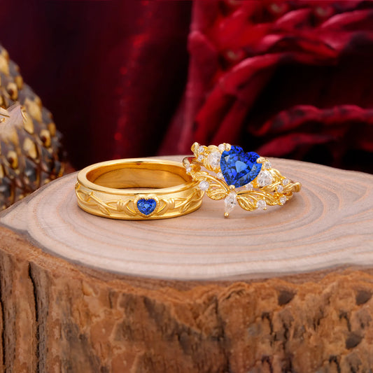 Vintage Floral Vine Heart Cut Sapphire Couple Wedding Ring Set