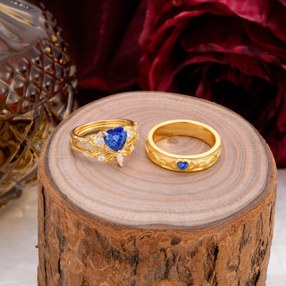 Vintage Floral Vine Heart Cut Sapphire Couple Wedding Ring Set
