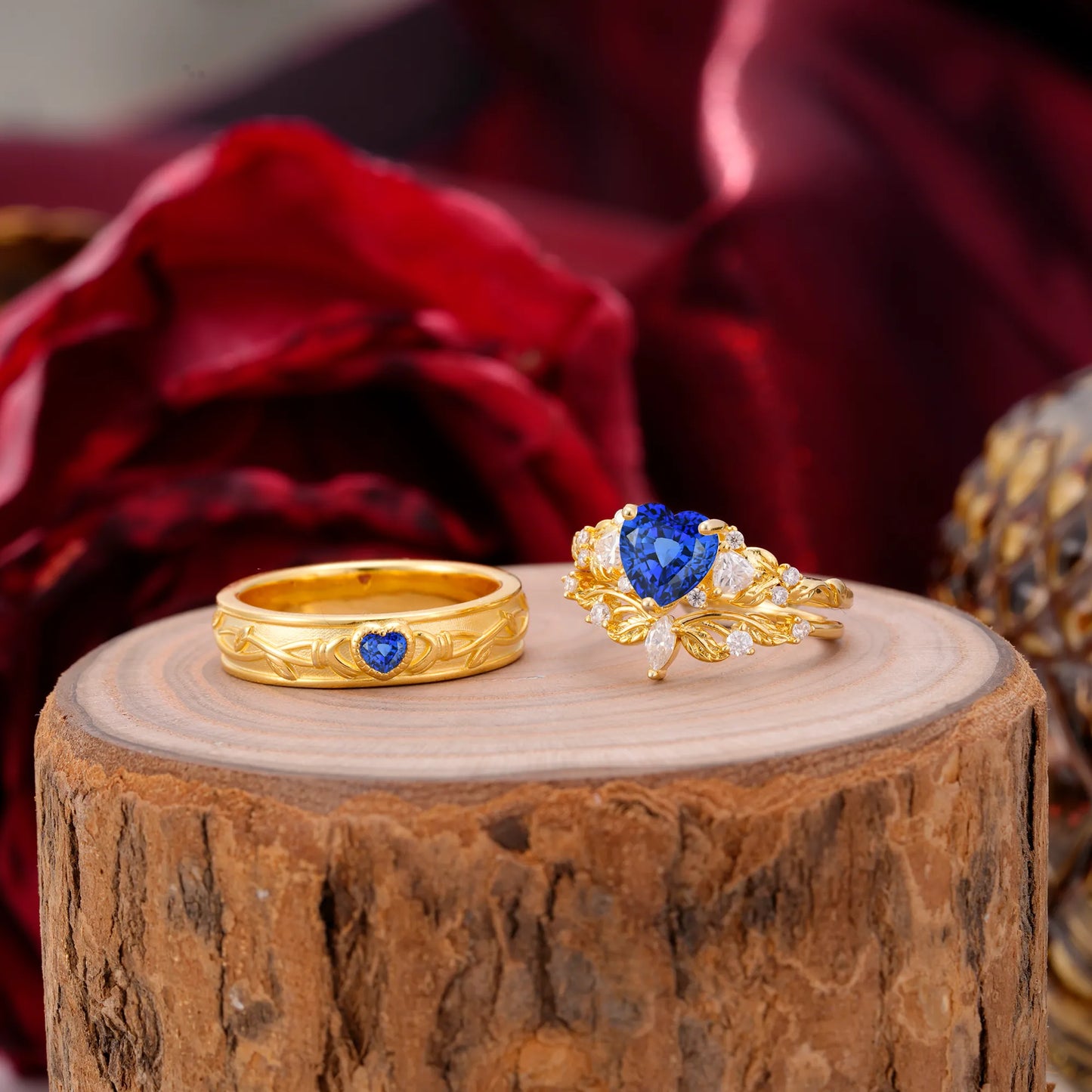 Vintage Floral Vine Heart Cut Sapphire Couple Wedding Ring Set