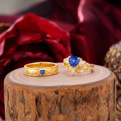 Vintage Floral Vine Heart Cut Sapphire Couple Wedding Ring Set