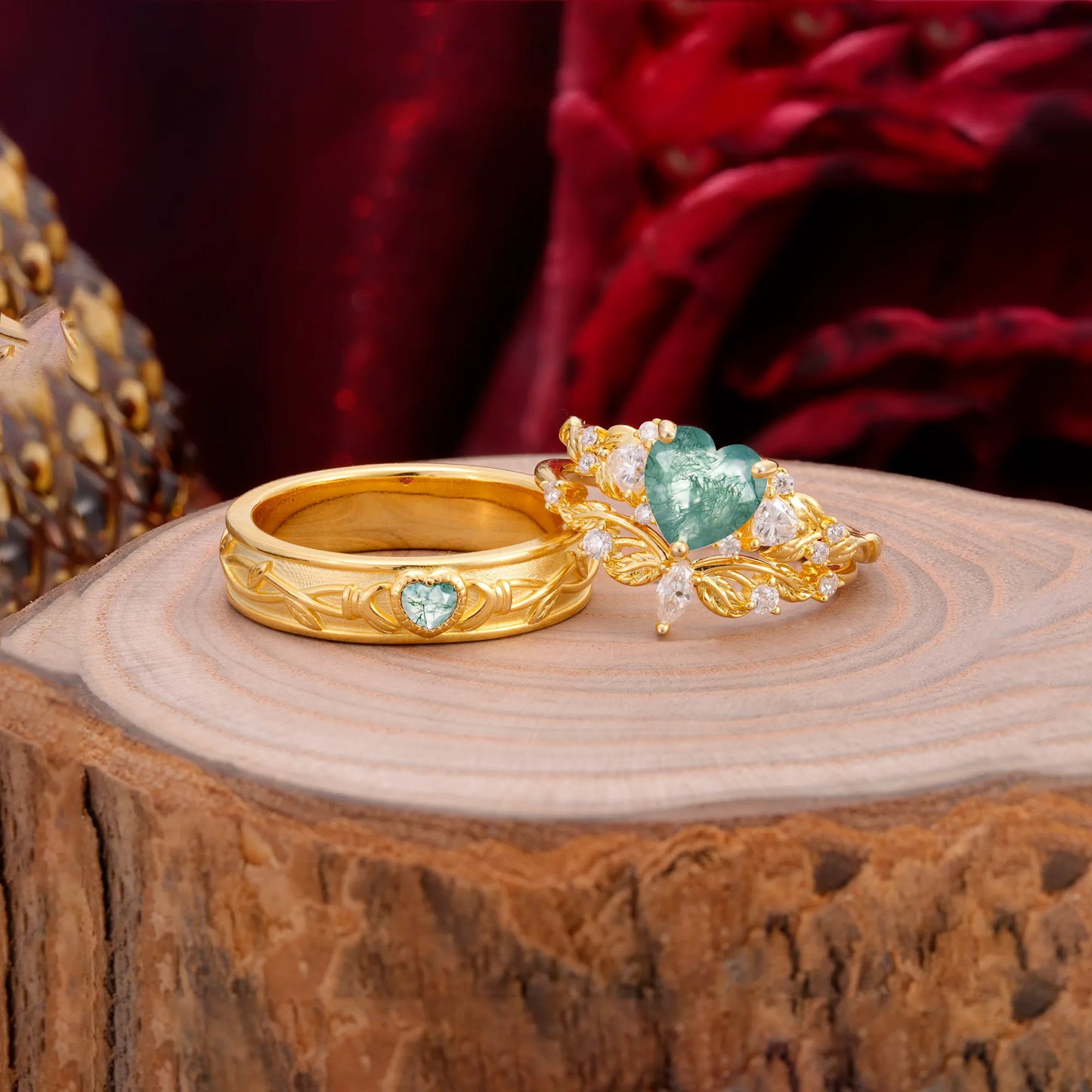 Vintage Floral Vine Heart Cut Moss Agate Couple Wedding Ring Set