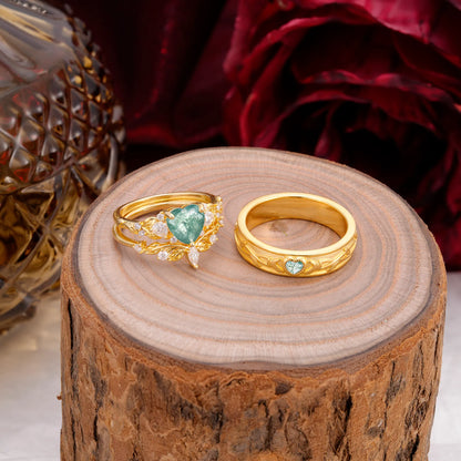 Vintage Floral Vine Heart Cut Moss Agate Couple Wedding Ring Set