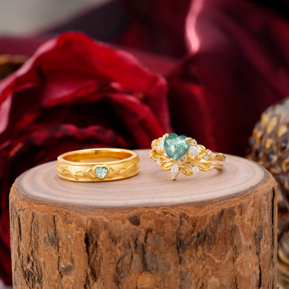 Vintage Floral Vine Heart Cut Moss Agate Couple Wedding Ring Set
