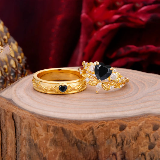 Vintage Floral Vine Heart Cut Black Onyx Couple Wedding Ring Set