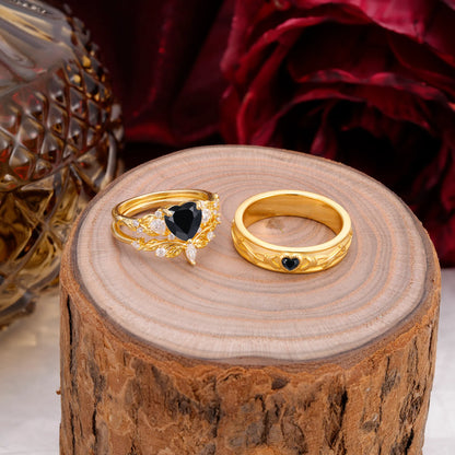 Vintage Floral Vine Heart Cut Black Onyx Couple Wedding Ring Set