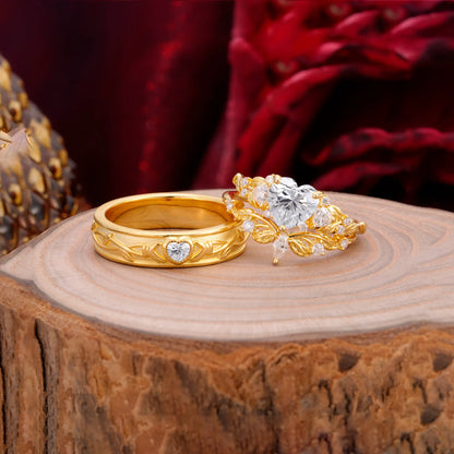 Vintage Floral Vine Heart Cut Lab Diamond Couple Wedding Ring Set