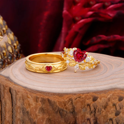Vintage Floral Vine Heart Cut Ruby Couple Wedding Ring Set