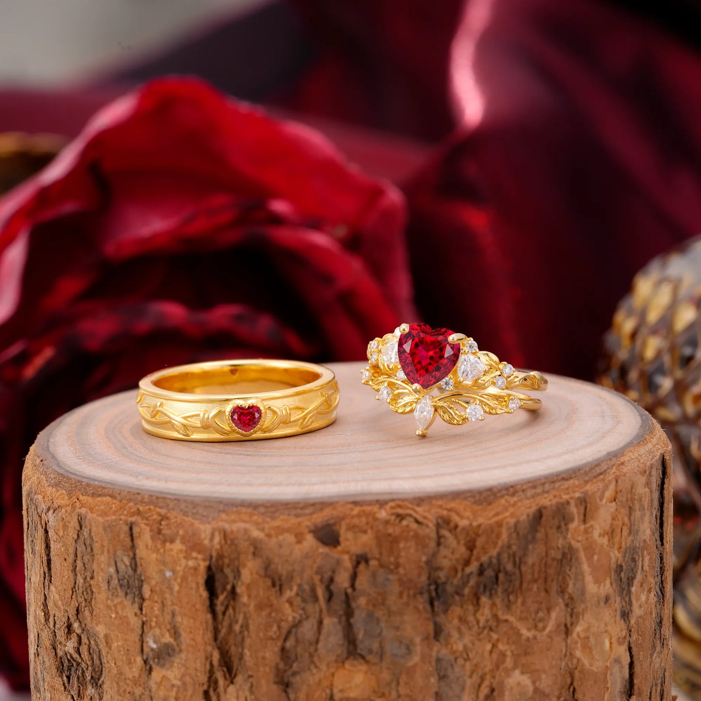 Vintage Floral Vine Heart Cut Ruby Couple Wedding Ring Set
