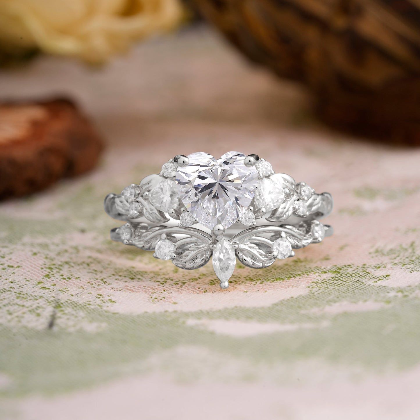 Nature - Inspired 3 - Prong Heart - Cut Lab Diamond Bridal Ring Set
