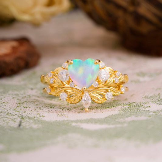 Nature - Inspired 3 - Prong Heart - Cut Opal Bridal Ring Set