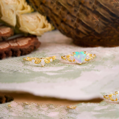 Nature - Inspired 3 - Prong Heart - Cut Opal Bridal Ring Set