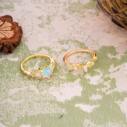 Nature - Inspired 3 - Prong Heart - Cut Opal Bridal Ring Set