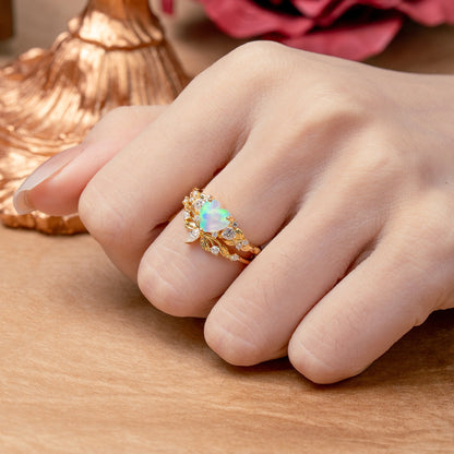 Nature - Inspired 3 - Prong Heart - Cut Opal Bridal Ring Set