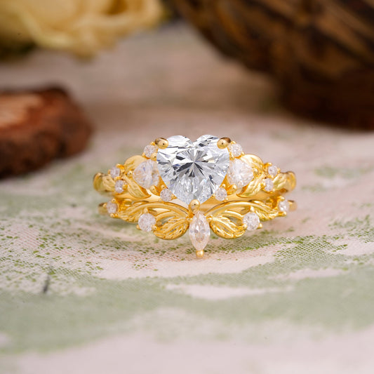 Nature - Inspired 3 - Prong Heart - Cut Lab Diamond Bridal Ring Set
