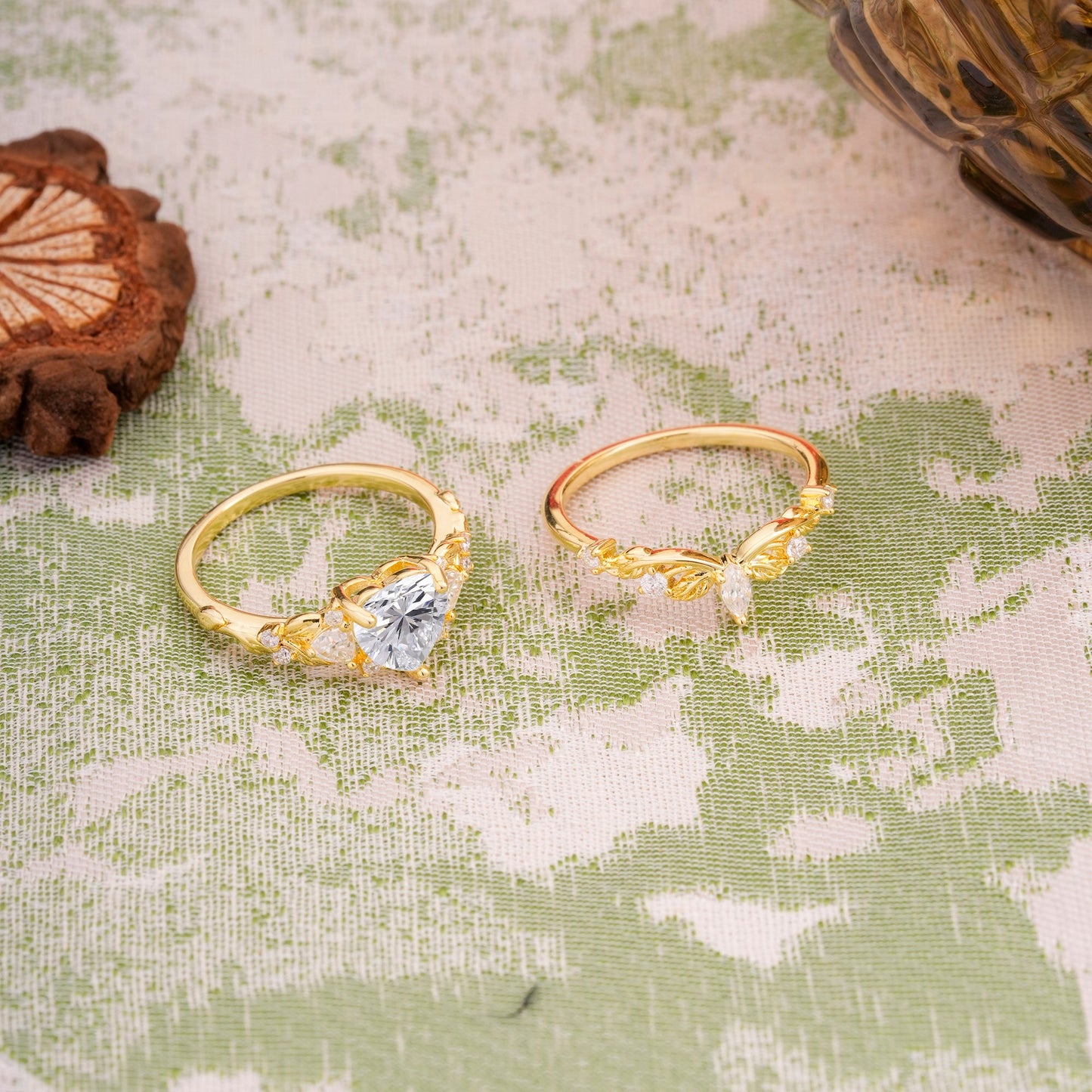 Nature - Inspired 3 - Prong Heart - Cut Lab Diamond Bridal Ring Set
