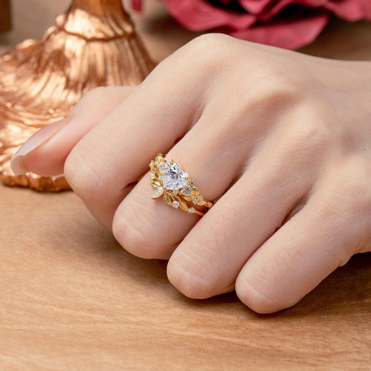 Nature - Inspired 3 - Prong Heart - Cut Lab Diamond Bridal Ring Set