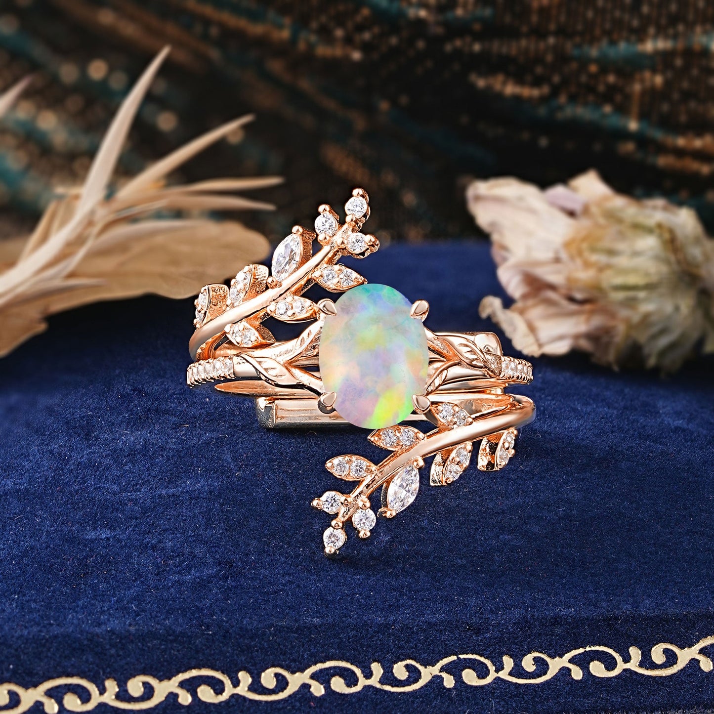 Delicate Leaf Embellished 4 - Prong Oval - Cut Opal Bridal Ring Set